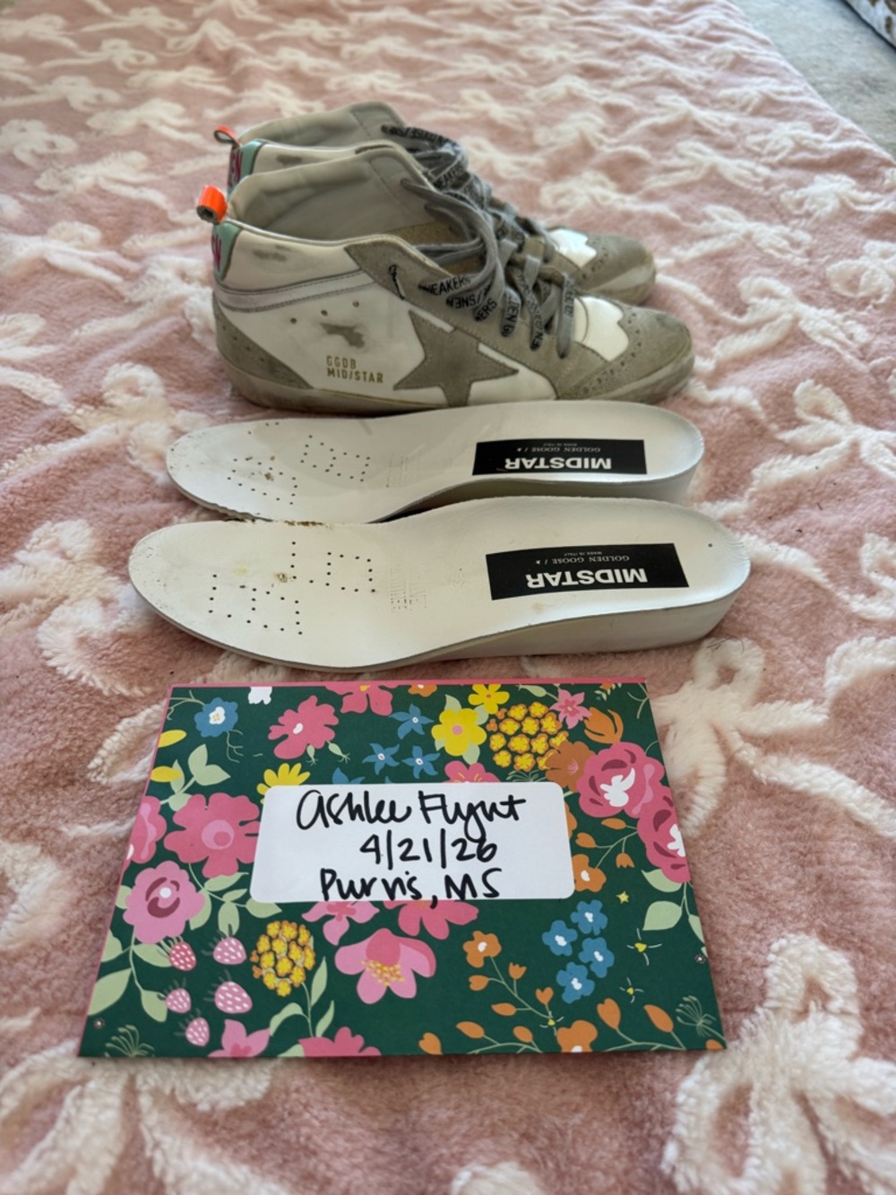 Golden Goose White and Gray Mid-Top Sneakers with Pink Heel Tab - Picture 3 of 3